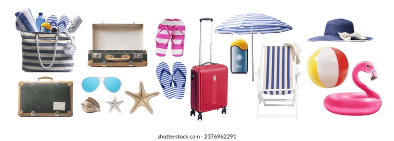 Collection of assorted travel and beach accessories isolated: summer vacations concept - Powered by Shutterstock