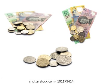 Collection of Australian Currency notes and coins isolated on white background