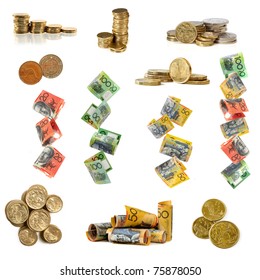 Collection of Australian money images, isolated white.