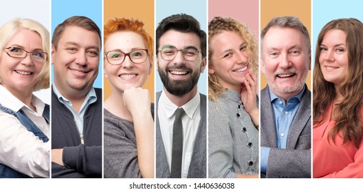 Collection of avatar of people. Young and senior men and women faces on pink color. Positive human emotion. Concept of diversity and individuality in modern community.