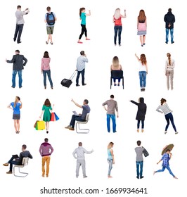 Collection Back View People. Rear View People Set. Backside View Of Person. Isolated Over White Background. Many People Standing With Their Backs.