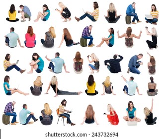   Collection Back View Of Sitting People.  .  Backside View Of Person.  Rear View People Set. Isolated Over White Background.