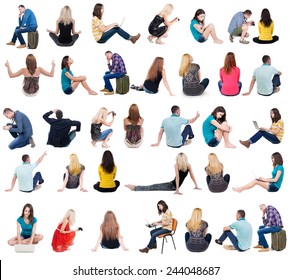   Collection back view of sitting people.  .  backside view of person.  Rear view people set. Isolated over white background.