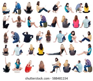   Collection Back View Of Sitting People.  .  Backside View Of Person.  Rear View People Set. Isolated Over White Background.