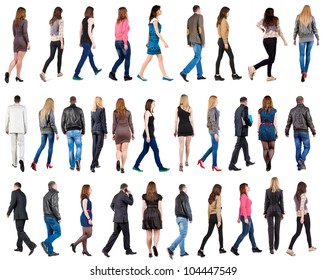 collection " back view of walking people ". going people in motion set.  backside view of person.  Rear view people collection. Isolated over white background.