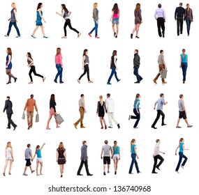 Collection Back View Walking People. Going People In Motion Set. Backside View Person. Rear View People Collection. Isolated Over White. People Different Genders And In Different Clothes Move