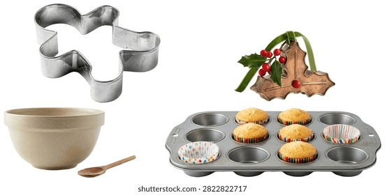 A collection of baking tools and bakeware including a mixing bowl, cookie cutters, and a cupcake tin.