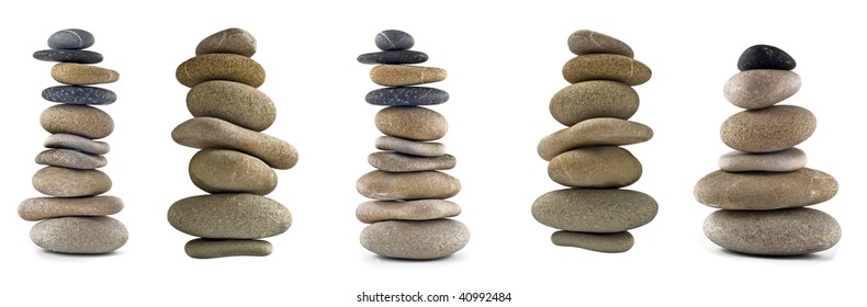 Collection Of Balanced Stone Stacks Or Towers Isolated Over White. Full-size Images Are In My Portfolio