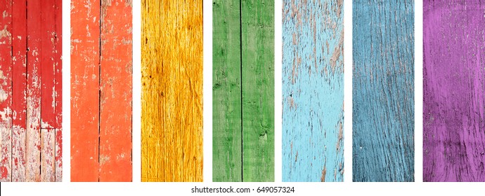 Collection of banner with wood textures of all colors of the rainbow spectrum - red, yellow, orange, green, light blue, dark blue and violet
