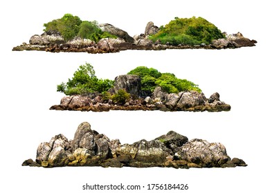 Collection of beautiful trees and rocks on the island on a white background.