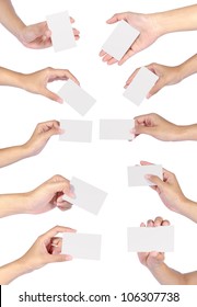 Collection Of Beautiful Woman Hands Holding An Empty Business Card Over White Backgrounds.