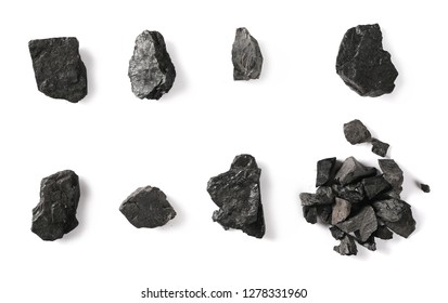 Collection black charcoal pile isolated on white background, top view