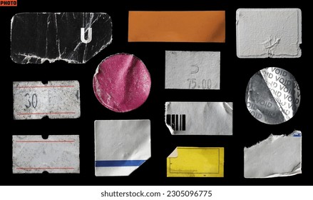 collection of blank old sticker, label, price tag template for mockup. isolated dirty, ripped, half peeled stickers
 - Shutterstock ID 2305096775