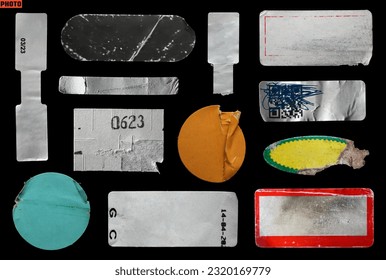 collection of blank old sticker, label, price tag template for mockup. isolated dirty, ripped, half peeled stickers
 - Shutterstock ID 2320169779