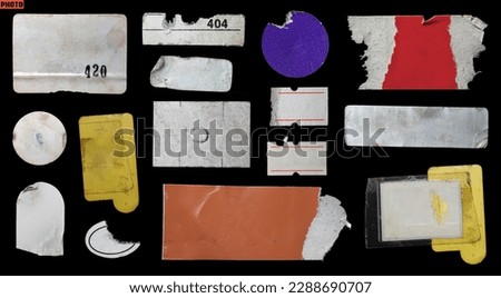 collection of blank old sticker, label, price tag template for mockup. isolated dirty, ripped, half peeled stickers