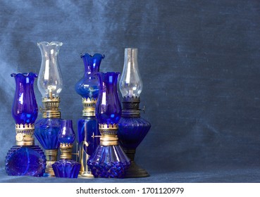 Collection of Blue Glass Vintage Lamps