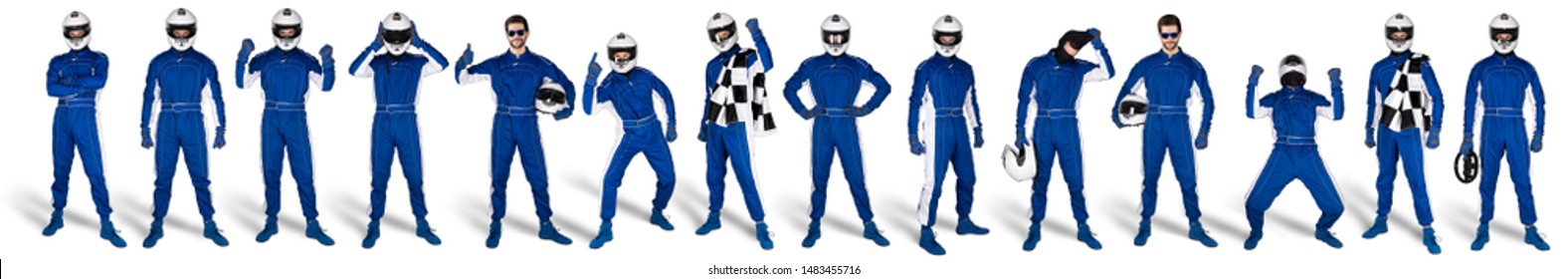 Collection Of Blue Overall Race Driver Set With Saftey Crash Helmet And Chequered Checkered Flag Isolated On White Background. Motorsport Car Racing Sport Concept