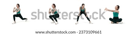 Collection of body workout training with stretching and warming up posture for athletic woman in different various exercise posing sequence in full body studio shot on isolated background. Vigorous
