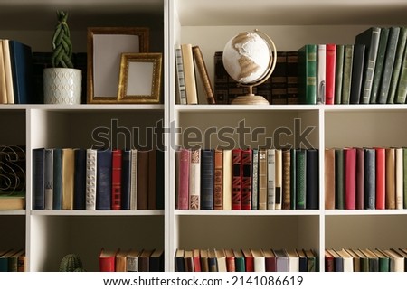 Collection of books and decor elements on shelves. Home library
