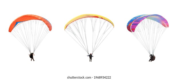 colección Paracaídas colorido y brillante sobre fondo blanco, aislado. Concepto de deporte extremo, desafío aventurero.