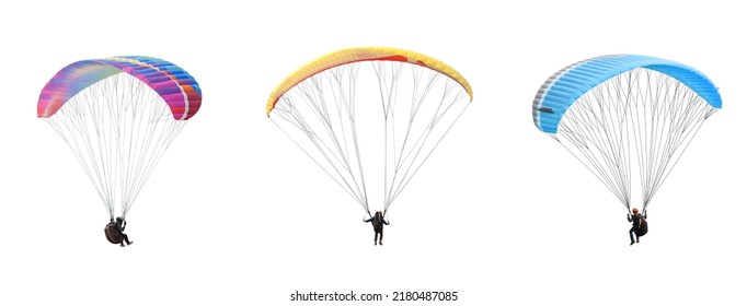 Collection Bright Colorful Parachute On White Background, Isolated. Concept Of Extreme Sport, Taking Adventure Challenge.