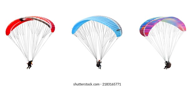 Collection Bright Colorful Parachute On White Background, Isolated. Concept Of Extreme Sport, Taking Adventure Challenge.