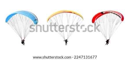 collection Bright colorful parachute on white background, isolated. Concept of extreme sport, taking adventure challenge.