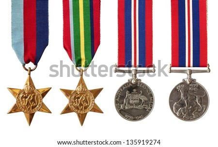 Collection of British and Australian World War II military medals, isolated on white.  Includes the 1939-1945 Star, the Pacific Star, and the Australian and British Service Medals.
