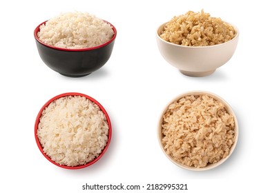 Collection of Brown and white rice in bowl isolated on white background.