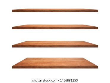 Collection of brown wooden shelves isolated on white background. There are Clipping Paths for the designs and decoration - Shutterstock ID 1456891253