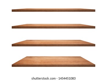A collection of brown wooden shelves on a white background that separates the objects. There are Clipping Paths for the designs and decoration - Shutterstock ID 1454451083