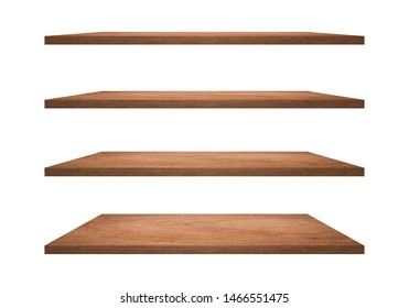 A collection of brown wooden shelves on a white background that separates the objects. There are Clipping Paths for the designs and decoration - Shutterstock ID 1466551475