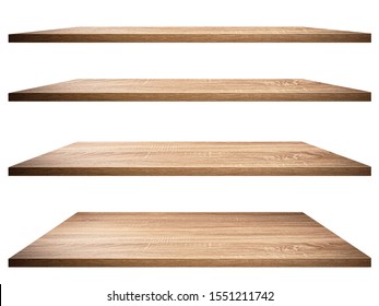 Collection of Brown wooden shleves isolated on white background.