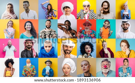 Collection bundle of different people  and ethnicities. Collage with men and women faces and various characters on colored backgrounds. Conceptual image about lifestyle and mankind