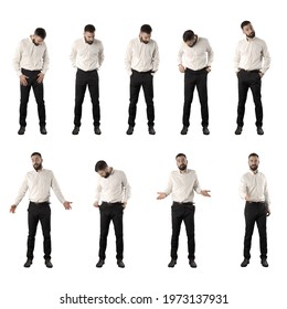 Collection Of Business Man Checking Empty Pockets Sad And Confused Bankruptcy Concept. Set Of Full Body Isolated On White Background.