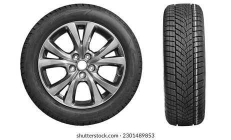 Collection car tires with alurim on free On isolated white background.