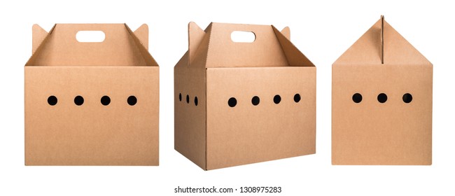 Collection Of Cardboard Pet Carrier Boxes Isolated On White Background