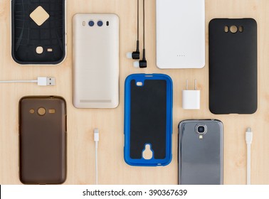 collection Cell phone,  smartphone and accessories for background - Shutterstock ID 390367639