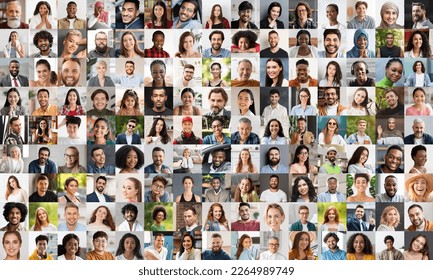 Collection of cheerful multiethnic people smiling and gesturing on various backgrounds, happy attractive men and women, children showing positive emotions, collage, set of closeup photos - Shutterstock ID 2264989749