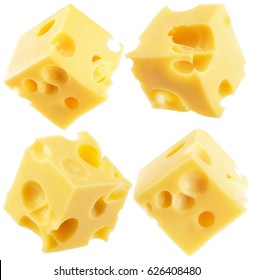 Collection Of Cheese Cube Slices Isolated On A White Background