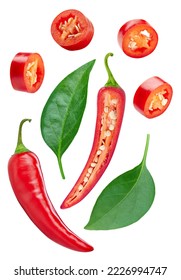 Collection chili pepper with leaves. Red hot chili pepper isolated on white background. Hot pepper fruit clipping path. Chili macro studio photo