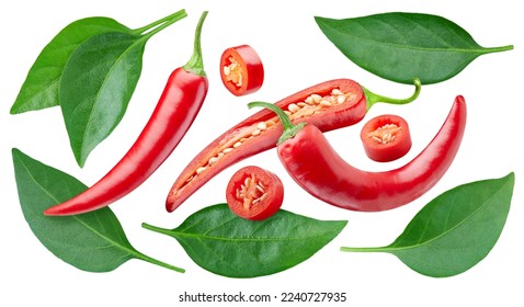 Collection chili pepper with leaves. Red hot chili pepper isolated on white background. Hot pepper fruit clipping path. Chili macro studio photo - Shutterstock ID 2240727935