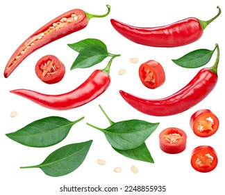 Collection chili pepper with leaves. Red hot chili pepper isolated on white background. Hot pepper fruit clipping path. Chili macro studio photo - Shutterstock ID 2248855935