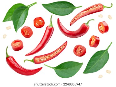 Collection chili pepper with leaves. Red hot chili pepper isolated on white background. Hot pepper fruit clipping path. Chili macro studio photo - Shutterstock ID 2248855947