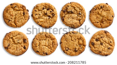 Collection of chocolate chip cookies isolated and viewed from above.