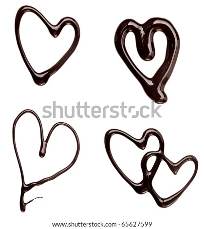 collection of  chocolate syrup heart shapes on white background. each one is shot separately