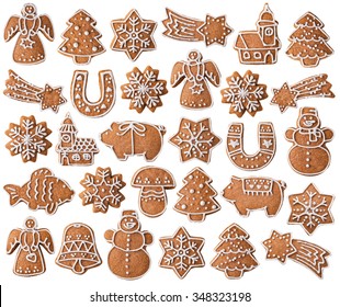 Collection of Christmas gingerbread cookies isolated on white background
