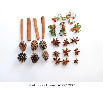 Collection Of Christmas Natural Botanical Decorations Of Nuts,  Star Anise, Cinnamon, Roses, Pine Cones. Flat Lay, View From Above, Stylized Photo