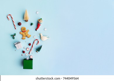 Collection Of Christmas Objects In A Gift Box Viewed From Above