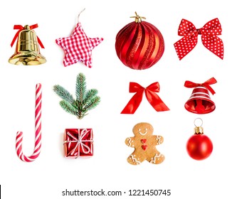Collection of Christmas objects  for mock up template design. Red bauble, fir tree branches, stars  and gingerbread man   isolated on white background close up.  Flat lay, top view - Shutterstock ID 1221450745